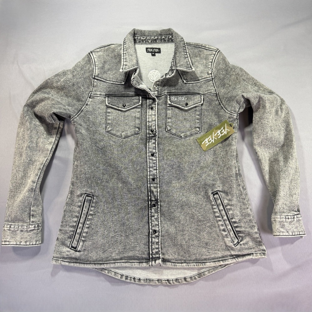 Yee Yee Womens Medium Gray Acid Wash Denim Jacket Western Shacket Shirt NWT